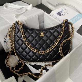 Chanel AS4368 Large HOBO Bag Shiny Crumpled Lambskin & Gold-Tone Metal Black