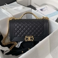 Chanel A94804 Boy Chanel Flap Bag With Handle Grained Shiny Calfskin Gold Tone Metal Black