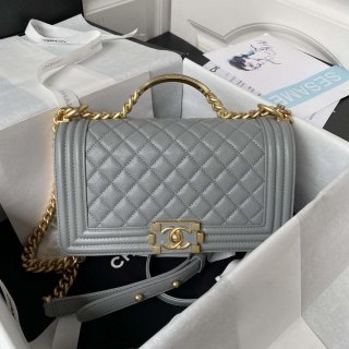 Chanel A94804 Boy Chanel Flap Bag With Handle Grained Shiny Calfskin Gold Tone Metal Gray