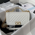 Chanel A94804 Boy Chanel Flap Bag With Handle Grained Shiny Calfskin Gold Tone Metal White