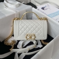 Chanel A94805 Boy Flap Bag With Handle Grained Shiny Calfskin Gold Tone Metal White