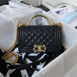 Chanel A94805 Boy Flap Bag With Handle Grained Shiny Calfskin Gold Tone Metal Black