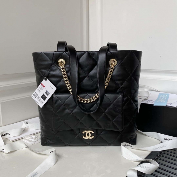 Chanel AS4359 Shopping Bag Shiny Lambskin Gold Metal Black