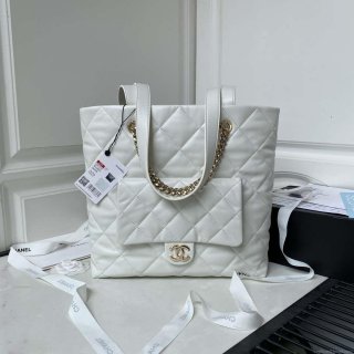 Chanel AS4359 Shopping Bag Shiny Lambskin Gold Metal White