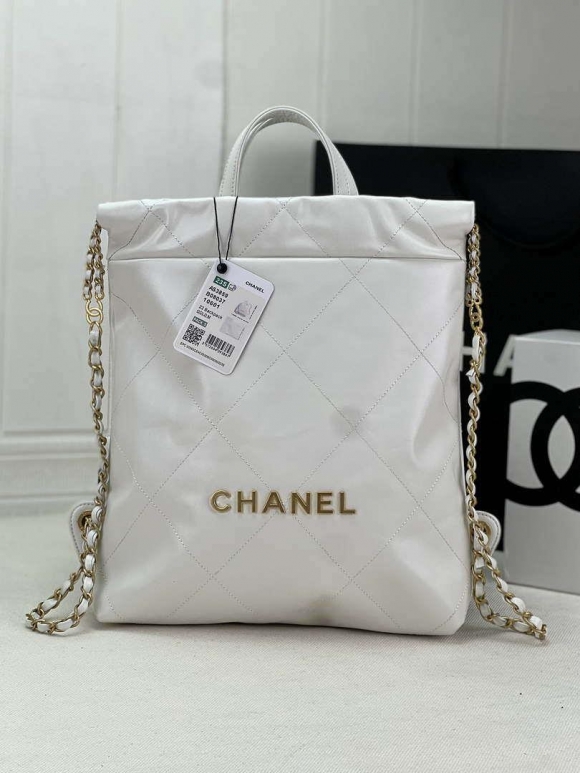 Chanel 22 Backpack AS3859 Shiny White Calfskin With Gold