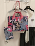 Chanel A66941 Medium Tote Printed Velvet Wooden Pearls & Gold-Tone Metal Red & Multicolour