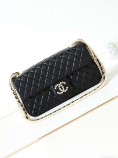 Chanel AS4245 Flap Bag Lambskin With Pearl & Metal Chain Black