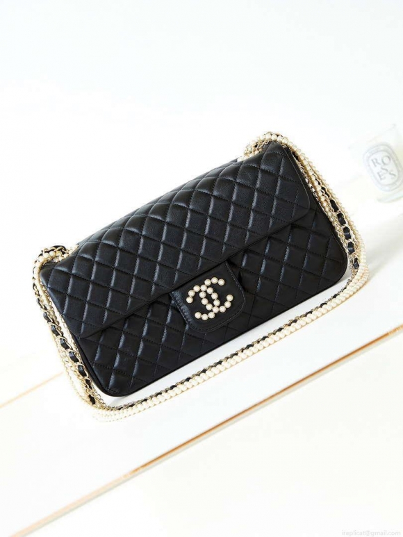 Chanel AS4245 Flap Bag Lambskin With Pearl & Metal Chain Black