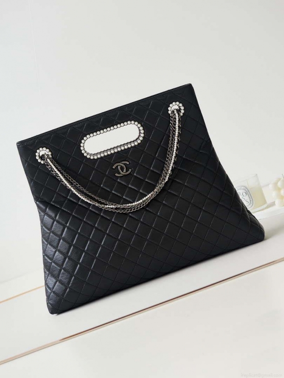 Chanel AS4223 Large Shopping Bag Aged Shiny Lambskin Crystal Pearls & Black Metal Black