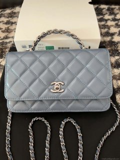 Chanel AP3645 Woc Wallet on Chain Blue Shiny Crumpled Calfskin Strass & Ruthenium Finish Metal