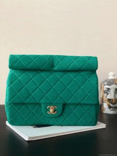 Chanel AS4199 Clutch Wool Jersey & Gold-Tone Metal Dark Green