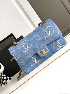 Chanel A01112 Flap Classic Handbag Blue Denim beaded sequin bag