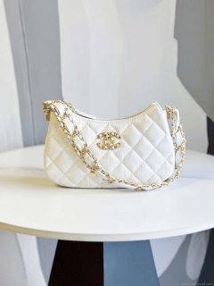 Chanel AP3647 23K Small Hobo Bag Lambskin Gold Metal White