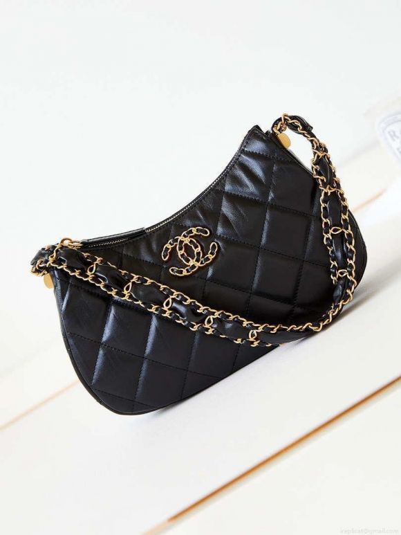 Chanel AS4422 23K Hobo Bag Lambskin Gold Metal Black