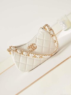 Chanel AS4422 23K Hobo Bag Lambskin Gold Metal White