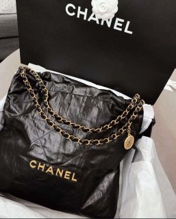 Chanel 22 Handbag AS3261 Wrinkled Calfskin leather Black Gold