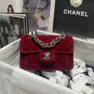 Chanel AS4051 Flap Bag Velvet Silver Metal Wine Red