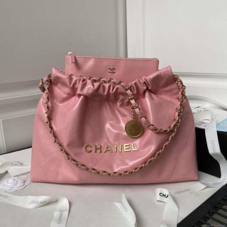 Chanel 22 Bag AS4486 Handbag Shiny Calfskin Pink With Gold