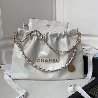 Chanel 22 Bag AS4486 Handbag Shiny Calfskin White With Gold