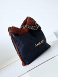 Chanel 22 AS3260 Small Handbag Black Calfskin wiht Brown wool Gold