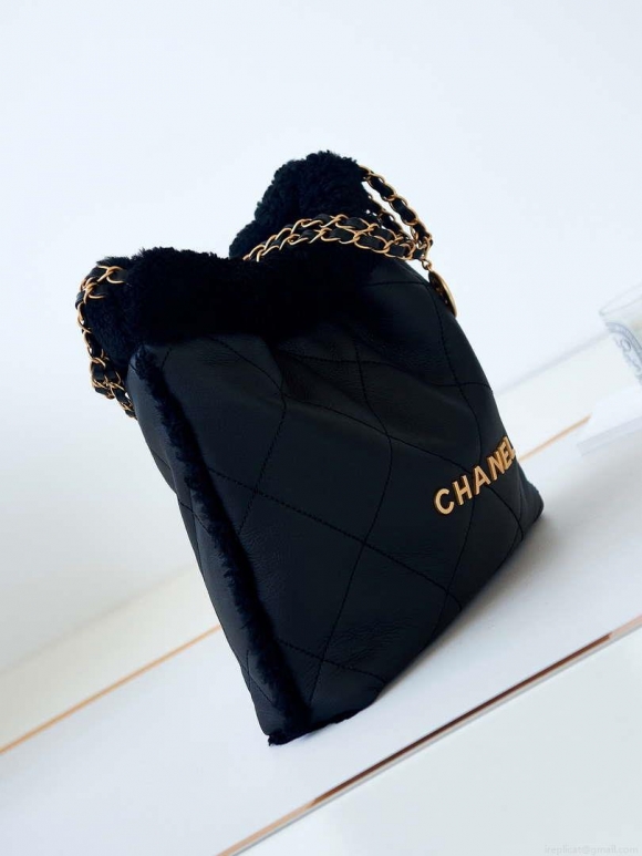 Chanel 22 AS3260 Small Handbag Black Calfskin wiht Black wool Gold