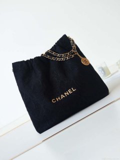 Chanel 22 Handbag Shiny AS3261 Black Velvet Gold