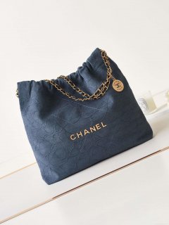 Chanel 22 Handbag Shiny AS3261 Navy Blue Velvet Gold