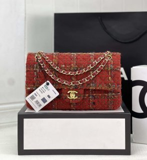 Chanel A01112 Flap Classic Handbag Woolen & Gold-Tone Metal Red