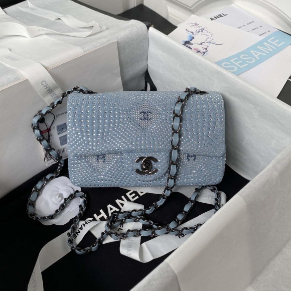 Chanel AS1116 Small Flap bag Velvet Crystal Pearl A69900 Blue