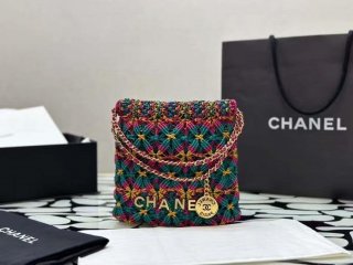 Chanel 22 AS3980 Mini Handbag Calfskin knotted lace and gold-tone metal Dark green & pink