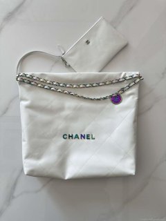 Chanel 22 Handbag Shiny White Calfskin AS3261 with Symphony Hardware