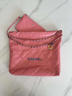 Chanel 22 Handbag Shiny Pink Calfskin AS3261 with Symphony Hardware