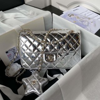 Chanel AS4648 Flap Bag & STAR COIN PURSE Mirror Calfskin Metallic Calfskin & Gold-Tone Metal Silver