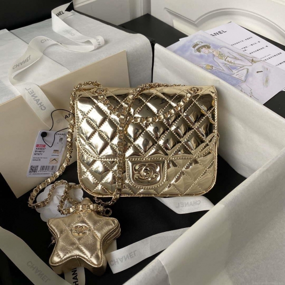 Chanel AS4647 Mini Flap Bag & STAR COIN PURSE Metallic Calfskin & Gold-Tone Metal Gold