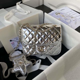 Chanel AS4647 Mini Flap Bag & STAR COIN PURSE Metallic Calfskin & Gold-Tone Metal Silver