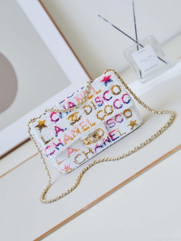 Chanel 24C AS4561 Flap Bag Sequins Gold-Tone Metal White