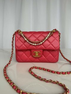 Chanel AS4385 Mini Flap Bag Pearly Lambskin Imitation Pearls & Gold-Tone Metal Red