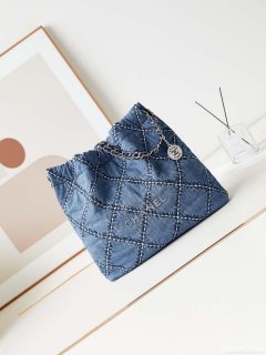 Chanel AS3261 22 bag Silver Tone-Metal Canvas Blue Denim