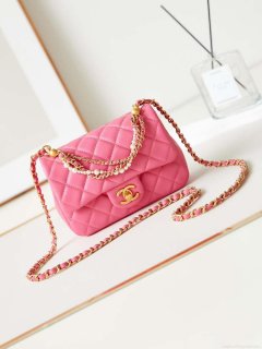 Chanel AS4385 Mini Flap Bag Pearly Lambskin Imitation Pearls & Gold-Tone Metal Hot Pink