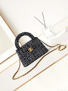 Chanel AS4416 Mini Shopping Bag Cotton Tweed & Gold-Tone Metal Black and White