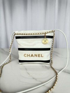 Chanel 22 Mini Handbag AS3980 Shiny Calfskin & Gold-Tone Metal White & Black