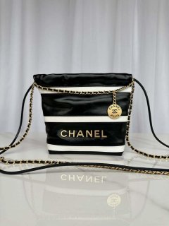 Chanel 22 Mini Handbag AS3980 Shiny Calfskin & Gold-Tone Metal Black & White