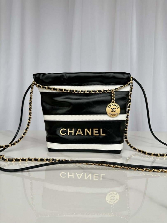 Chanel 22 Mini Handbag AS3980 Shiny Calfskin & Gold-Tone Metal Black & White