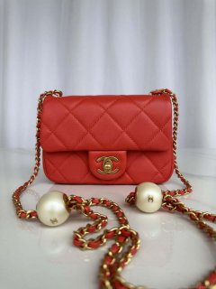 Chanel AS4868 Mini Flap Bag Pearly Lambskin Imitation Pearls & Gold-Tone Metal Red