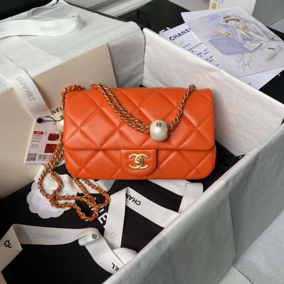 Chanel AS4861 Small Flap Bag Pearly Lambskin Imitation Pearls & Gold-Tone Metal Orange