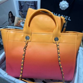 Chanel AS3351 Shopping Bag Shaded Calfskin & Silver-Tone Metal Orange Coral & Pink