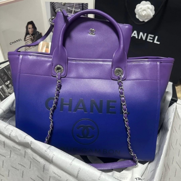 Chanel AS3351 Shopping Bag Shaded Calfskin & Silver-Tone Metal Purple, Blue & Dark Blue