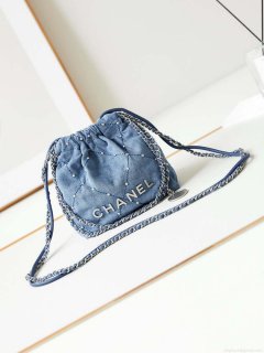 Chanel 22 Mini Handbag AS3980 Washed Denim & Silver-Tone Metal Blue