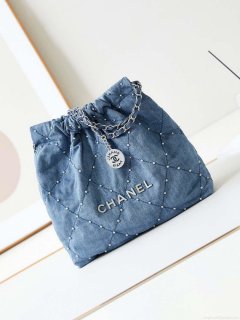 Chanel 22 Small Handbag Washed Denim & Silver-Tone Metal AS3260 Blue