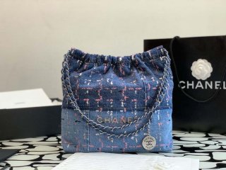 Chanel 22 Small Handbag Denim & Silver-Tone Metal AS3260 Blue Multicolor